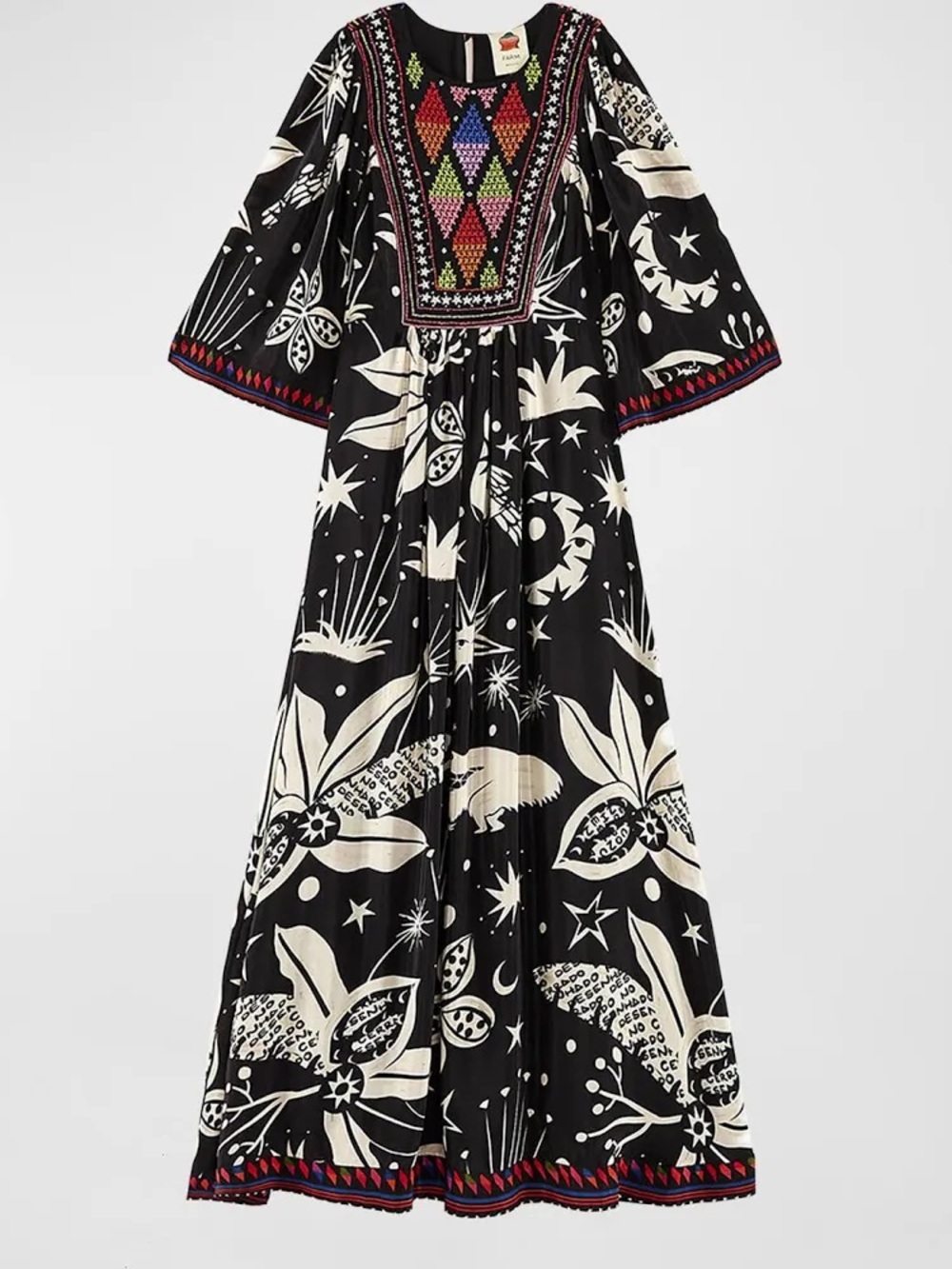 FARM Rio Cerrado Sky Embroidered Beaded Maxi Dress Black Kimono Sleeve Boho M - Picture 8 of 17